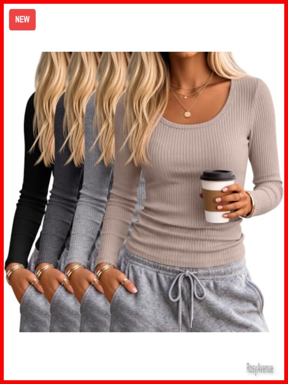 Women's Ribbed Scoop Neck Long Sleeve Tops 4 Pack Stretch Slim Fit